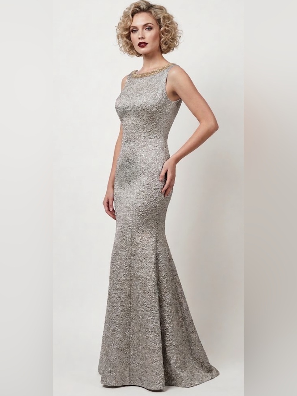 Theia jacquard mermaid sleeveless low back hand Embroidered gold long gown
